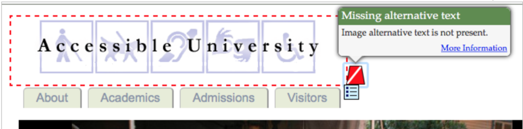 Missing Alternative Text tooltip on the Accessible University website