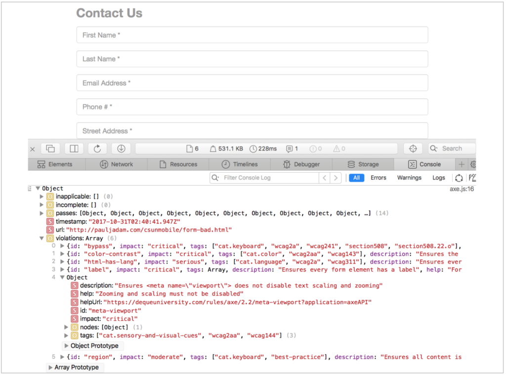 aXe results in Safari's developer console