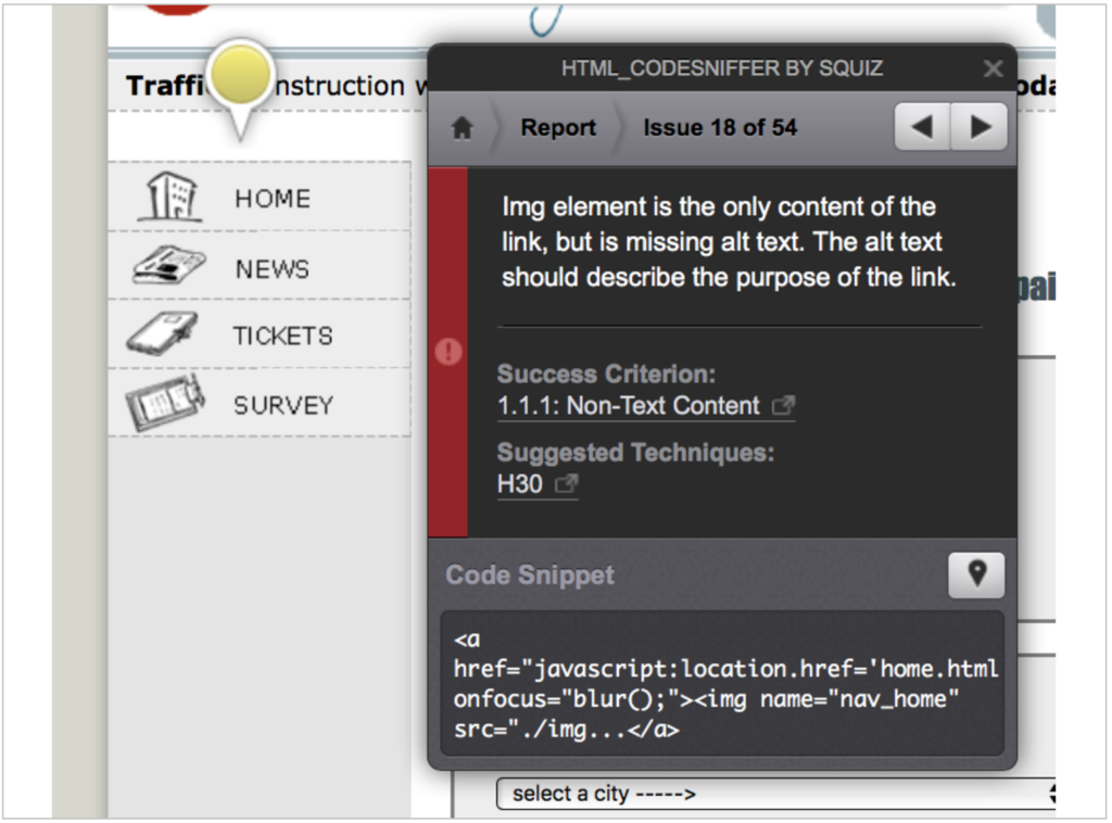 Screenshot of HTML CodeSniffer