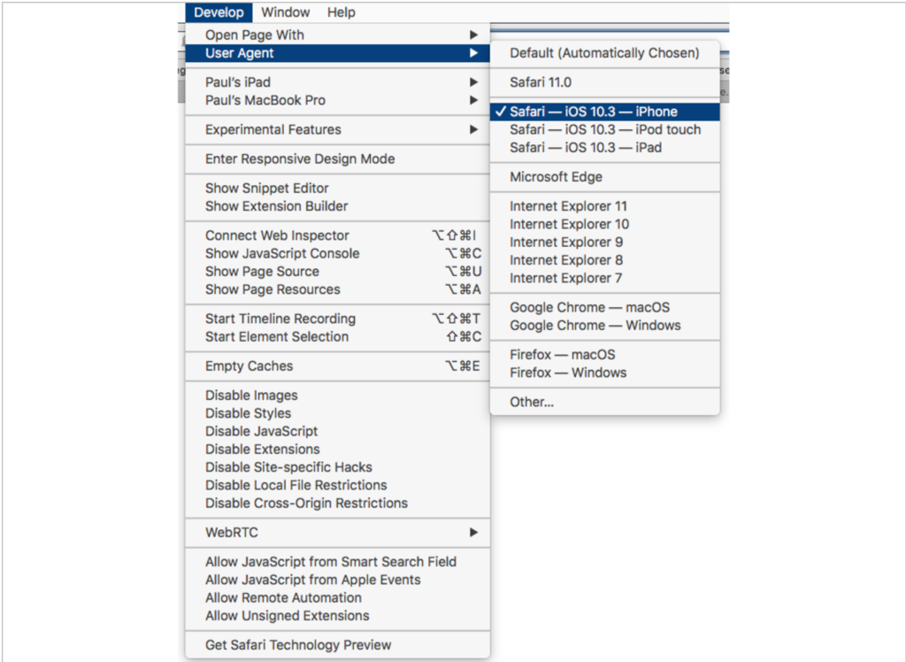 User agents in the Safari browser