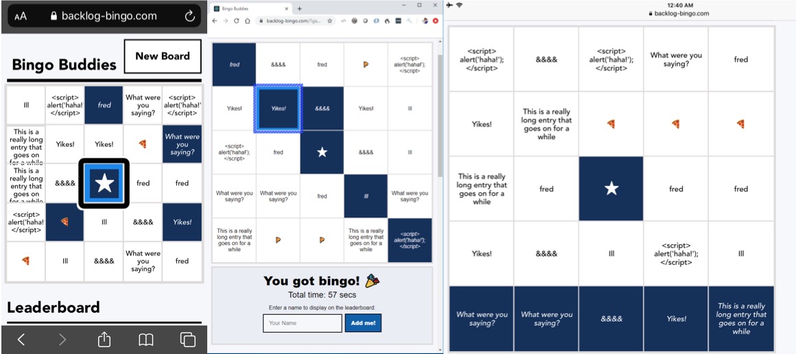 showing the bingo game on chrome and Safari on iphone and ipad