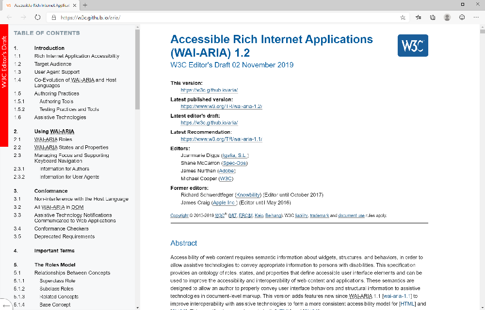 the Editor’s Draft of the ARIA specification, from November 2019