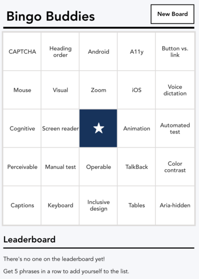 'Bingo Buddies' app with a 5x5 grid of web accessibility-related terms and an empty leaderboard