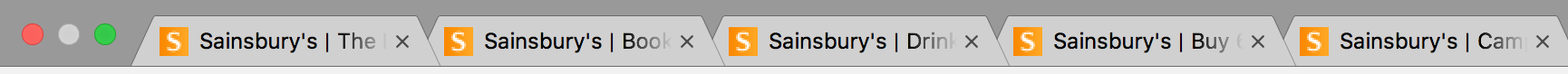 Browser tabs for five different Sainsbury's pages, all showing the word Sainsbury's and only a few letters for what each page is about.