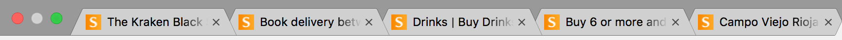 Browser tabs for five different Sainsbury's pages, all showing a few words for what each page is about.