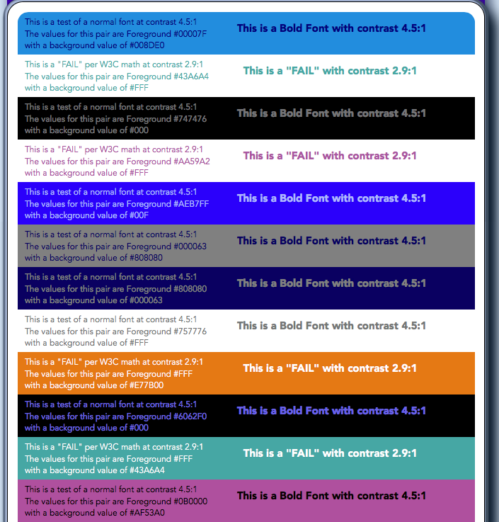 A series of color contrast tests.