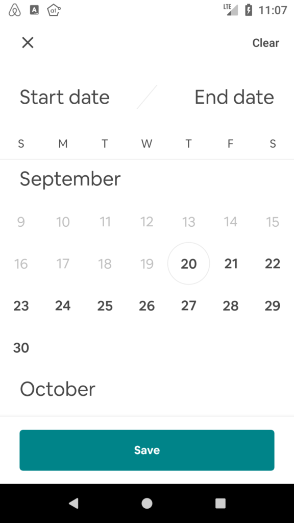 Datepicker screen in the app that provides a grid calendar view where users can select a start and end date.