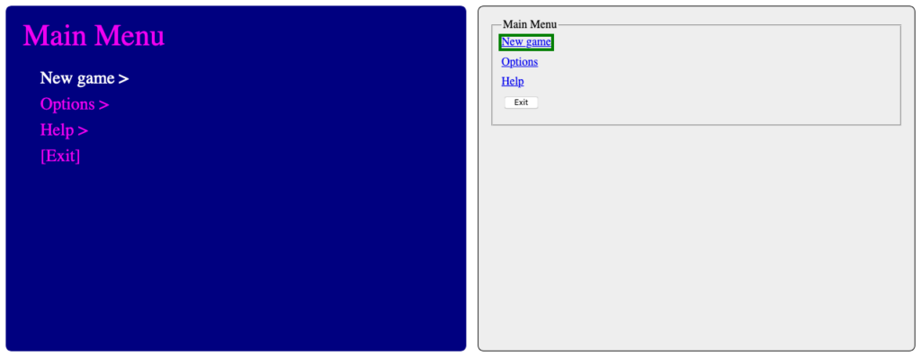Screenshot of a game menu next to an unstyled HTML rendering of the same menu. "New Game" is highlighted.