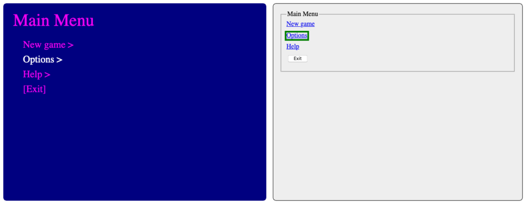 A screenshot of the same game menu and unstyled HTML fields