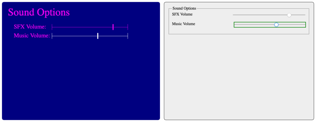 Screenshot of a third styled game menu next to the same controls in unstyled HTML