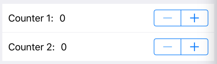 A screenshot of an app with two counters, implemented as steppers