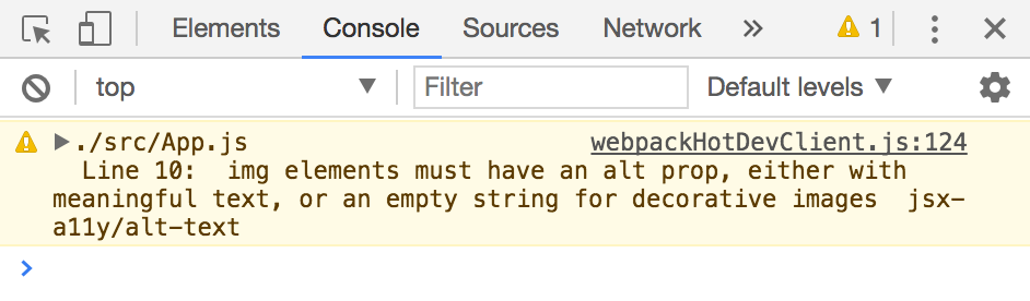 Screenshot of the Chrome DevTools JavaScript console with the following message: Line 10 img elements must have an alt prop, either with meaningful text, or an empty string for decorative images. jsx-a11y/alt-text.