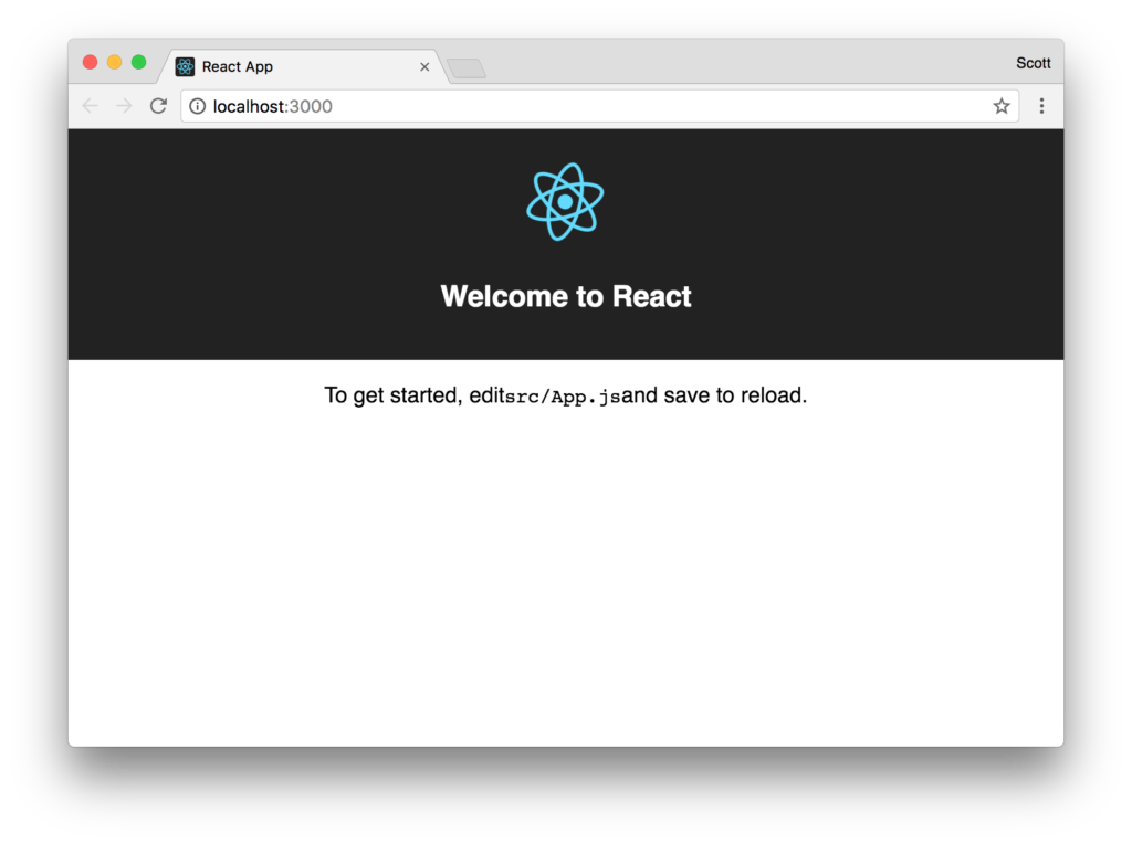 Screenshot of the default React app in the Chrome web browser