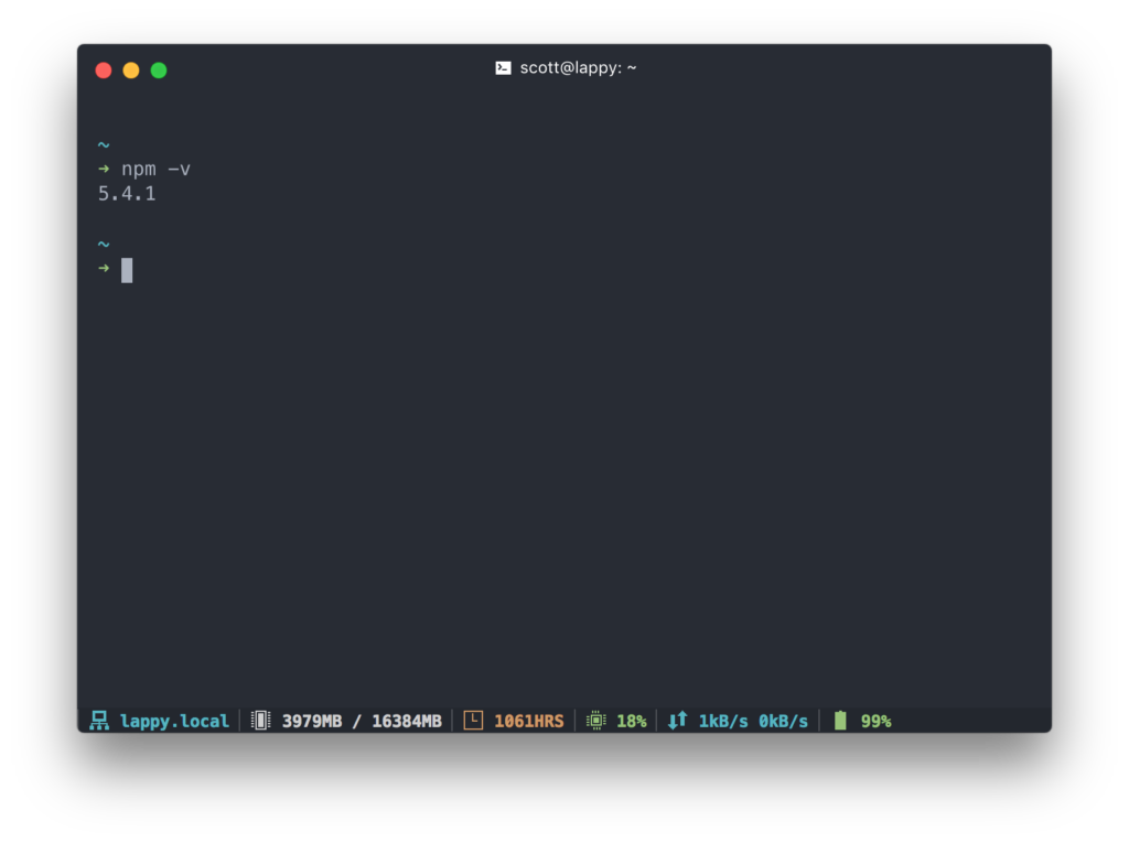 Screenshot of my Terminal application, Hyper Terminal, displaying the output of the 'npm -v' command. The resulting text displays, '5.4.1'