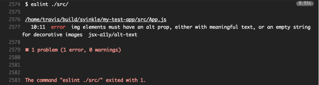 Screenshot of the Travis CI output window with the following message: 10:11 error img elements must have an alt prop, either with meaningful text, or an empty string for decorative images. jsx-a11y/alt-text. 1 problem (1 error, 0 warnings)