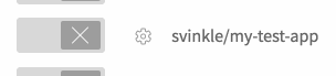 Animated image of a mouse cursor toggling the state of the Travis CI repository button. The button changes from a grey ‘X’ to a green checkmark. The repository name of “svinkle/my-test-app” is beside the button.