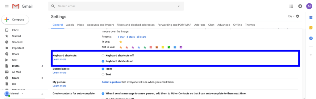 Gmail keyboard shortcuts screen