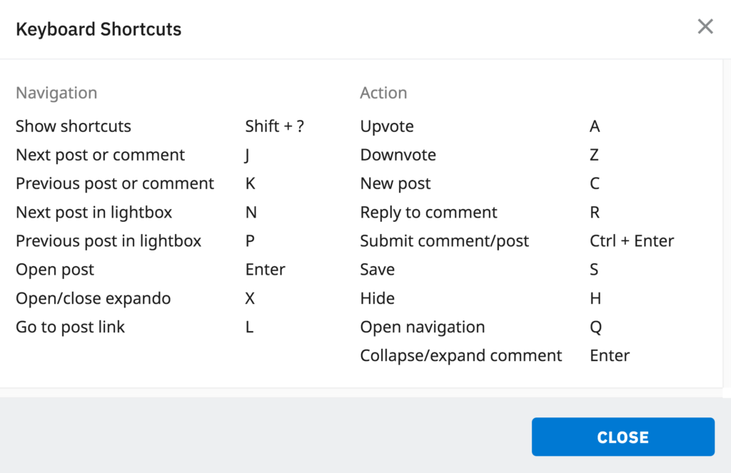 reddit.com keyboard shortcuts