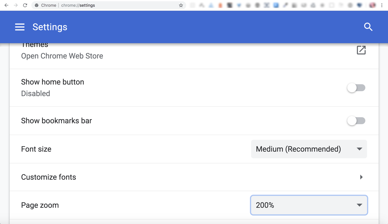 Chrome medium font size and 200% page zoom setting