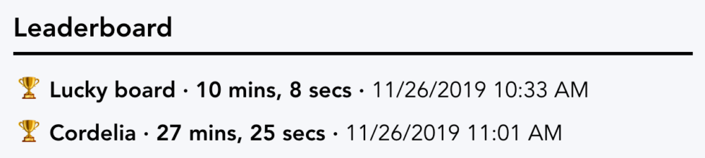 Leaderboard showing board completion times for players Lucky Board and Cordelia, with trophy emoji next to each name