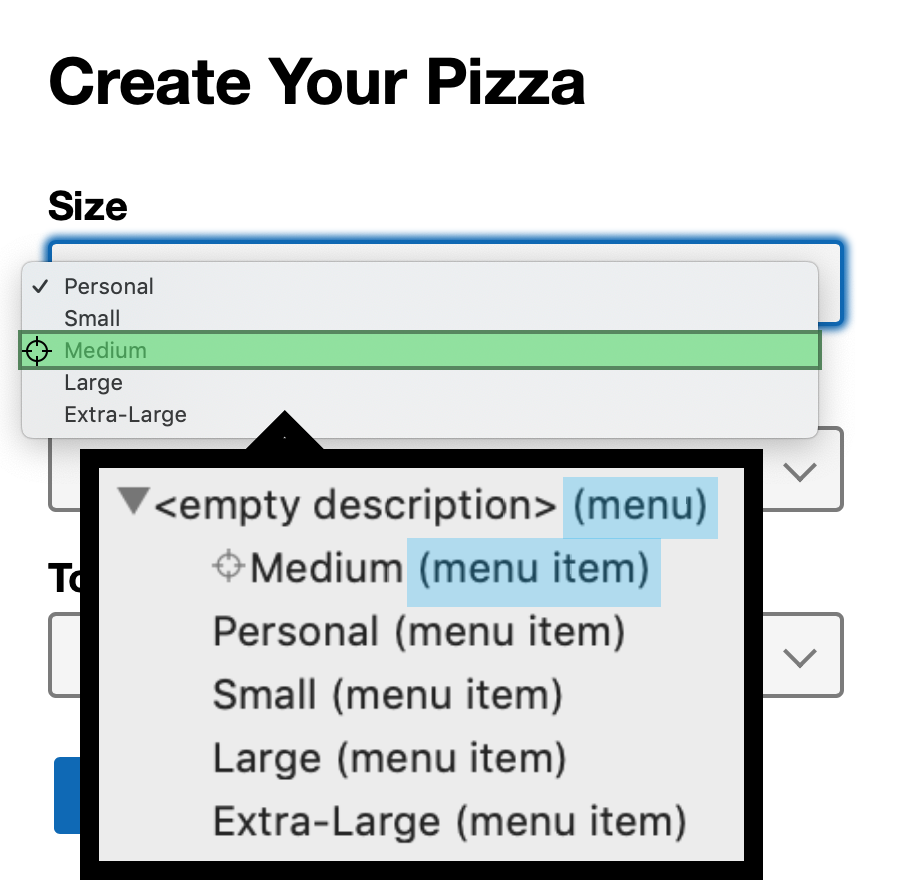 System accessibility mappings shown for an open select dropdown on mac