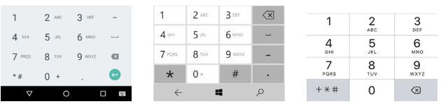 Phone-number keyboard on Android, Windows 10, and iOS 10, respectively