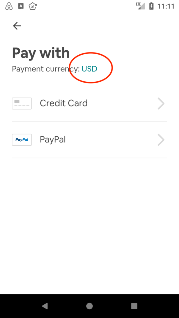 A payments screen that allows you to set what method of payment and what form of currency to use. The payment currency is set to USD, with USD highlighted.