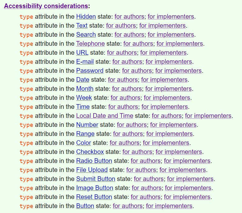 snap of accessibility considerations links for all input types