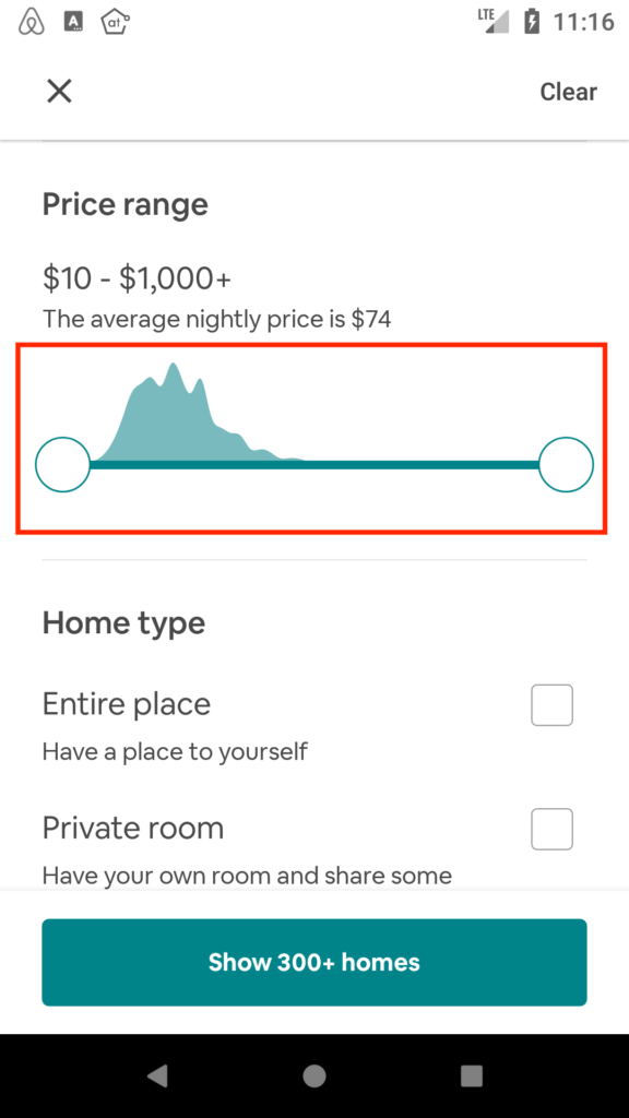 Filters screen of the Android app with the price range slider highlighted. The slider has two thumbs for the minimum and maximum price.