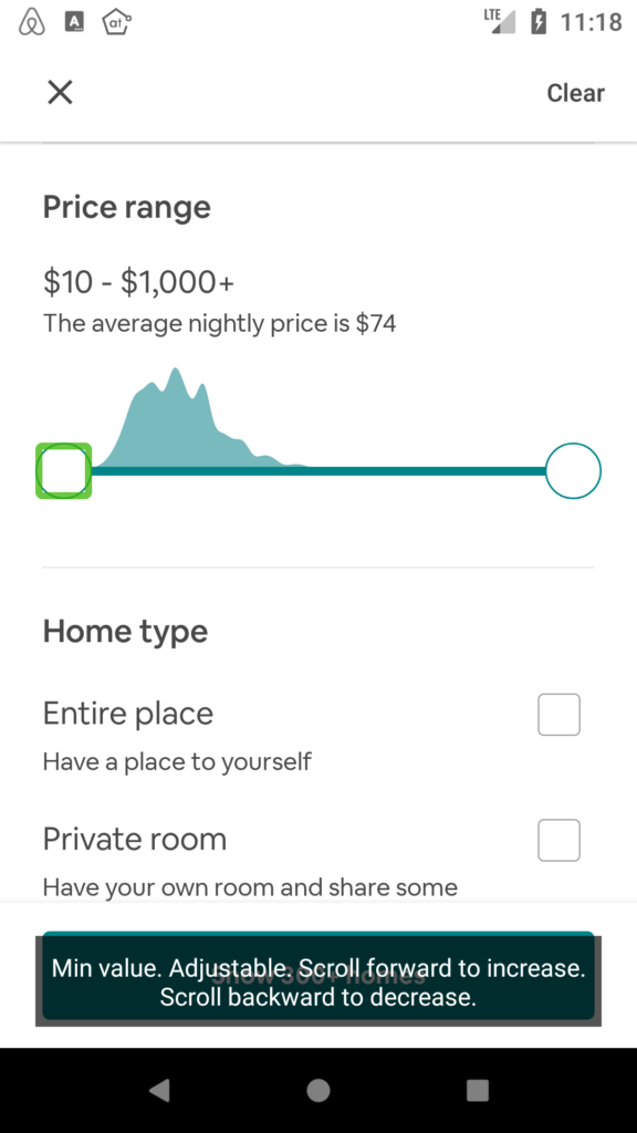 Filters screen of the Android app with TalkBack focus on the first thumb of the price slider. TalkBack output visible on the screen says 'Min value. Adjustable. Scroll forward to increase. Scroll backward to decrease.'