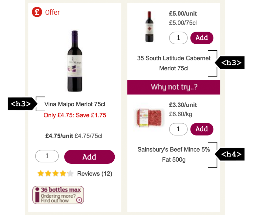 Two products on the Sainsbury's site with the product names highlighted as using the h3 element. The second product has a recommended product displayed beneath it with the product name highlighted as using the h4 element.