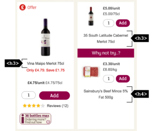 Two products on the Sainsbury's site with the product names highlighted as using the h3 element. The second product has a recommended product displayed beneath it with the product name highlighted as using the h4 element.
