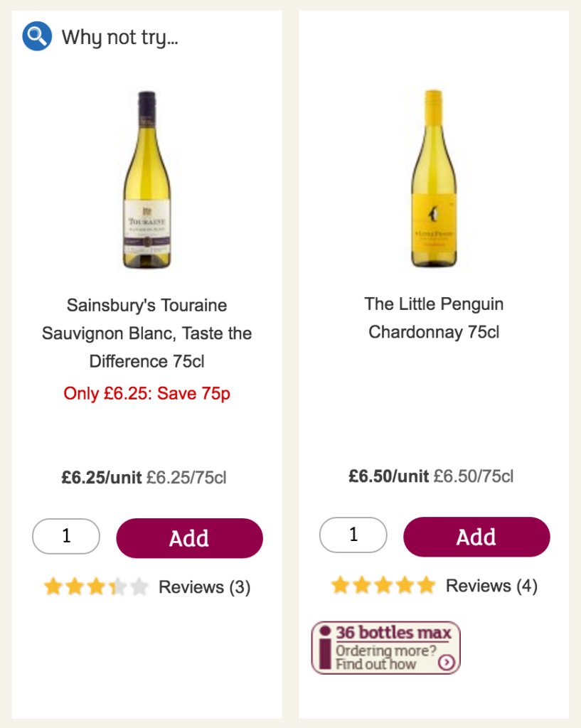 Two products on the Sainsbury's site. One is being promoted using a banner saying Why not try... at the top of the product, and the other is a non-promoted product