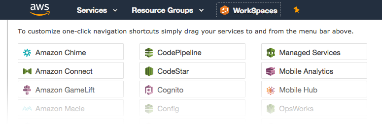 Screenshot of the AWS header navigation with service pinning mode active. An extensive list of services is displayed, with WorkSpaces pinned to the top.