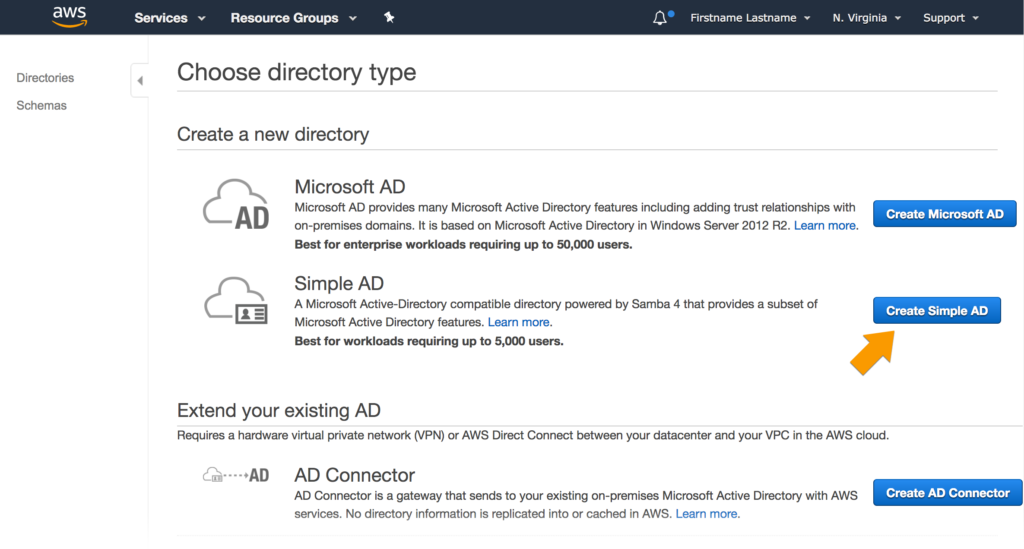 Screenshot of the AWS Active Directories type selection screen. Three options are present: Create a Microsoft Actvie Directory, Create a Simple Active Directory, or connect your existing Active Directory. An arrow annotation points to the Simple Active Directory option.