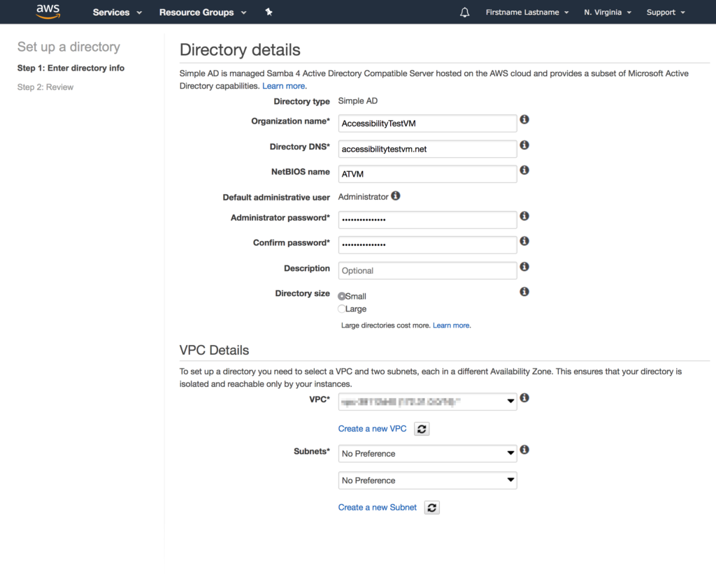 Screenshot of the first step of the AWS Directory setup wizard, titled 'Enter Directory details'. There are two subsections, 'Directory Details' and 'VPC Details'. In the Directory Details subsection, six fields are present. The first field, 'Organization name', is a required field and set to 'AccessibilityTestVM'. The second field, 'Directory DNS', is a required field and set to 'accessibilityTestVM.net'. The third field 'NetBIOS name' is set to 'ATVM'. The fourth and fifth fields are 'Administrator password' and 'Confirm password'. Both are required and have been filled out. The sixth field is 'Description' and is left blank. Following these six fields is a radio selection grouping labeled 'Directory size'. The 'small' option has been selected. In the VPC details, two fields are present, 'VPC' and 'Subnets'. both are required, but have been auto-populated by AWS.