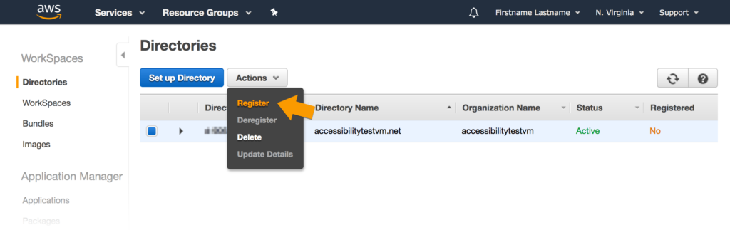 Screenshot of the AWS Directories listing. The 'accessibilityTestingVM' directory has a Status of Active, and has been selected. It’s Registration status is set to 'No'. An arrow annotation points to the 'Register' option in the active Actions dropdown menu.