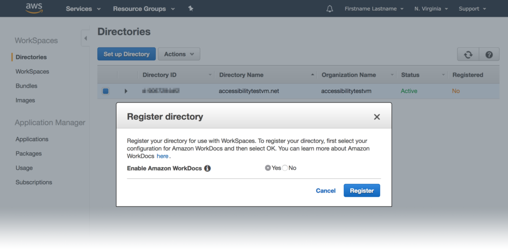 Screenshot of the AWS Directories listing displaying a Directory registration confirmation modal. The modal is set to enable Amazon WorkDocs.