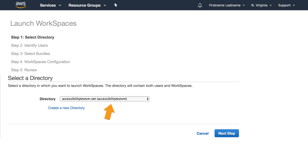 Screenshot of the first step of the AWS Launch Workspaces wizard, titled 'Select Directory'. An arrow annotation points to the 'accessibilityTestVM' directory that has been pre-selected in the Directory selection drop-down.