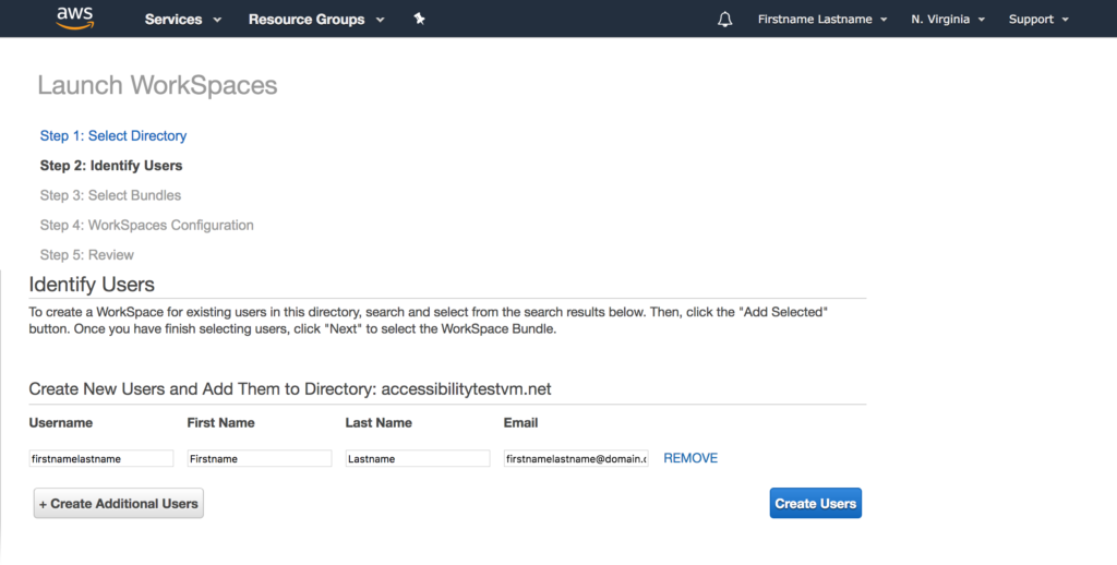 Screenshot of the second step of the AWS Launch Workspaces wizard, titled 'Identify Users'. There are four fields present, 'Username', 'First Name', 'Last Name', and 'Email'. The 'Username' field has been filled out with the value 'firstnameLastname'. The 'First Name' field has been filled out with the value 'Firstname'. The 'Last Name' field has been filled out with the value 'Lastname'. The 'Email' field has been filled out with the value 'firstnameLastname@domain.com'.