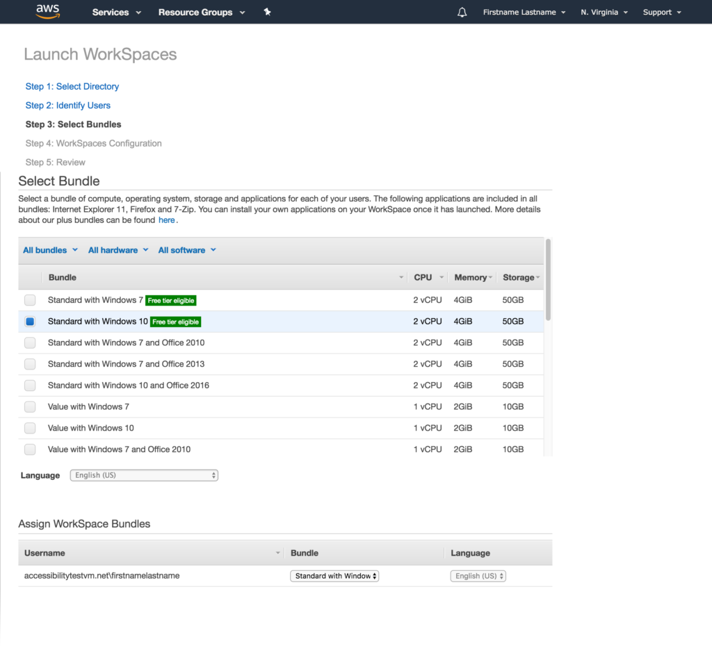 Screenshot of the third step of the AWS Launch Workspaces wizard, titled 'Select Bundles'. A table of possible Operating Systems—including Windows 7 and 10—and system configurations (CPU, memory, and storage), is present. Options to include bundled copies of Microsoft Office are also offered. The 'Standard with Windows 10' option has a note that reads, 'Free tier eligible' and has been selected.