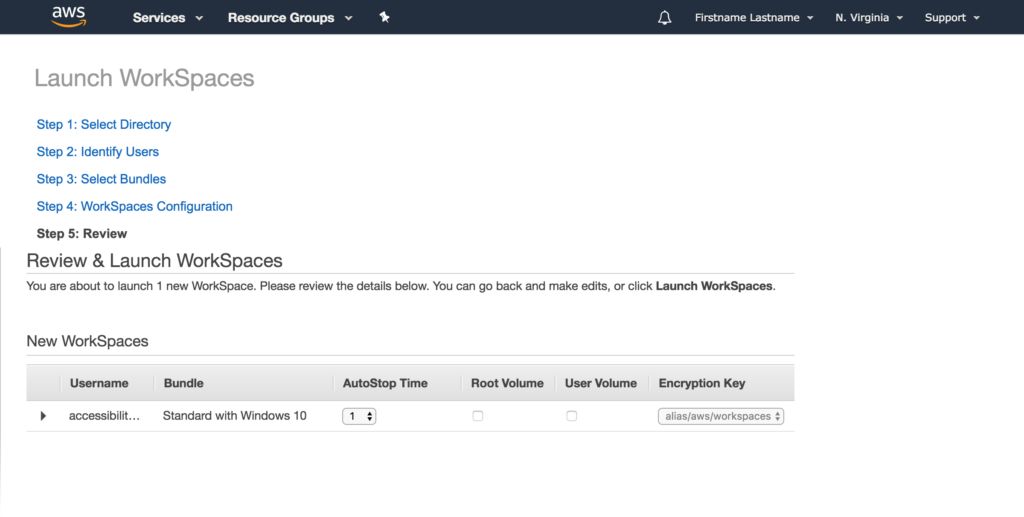 Screenshot of the fifth step of the AWS Launch Workspaces wizard, titled 'Review'. A table titled 'New Workspaces' is present, with six columns and one row. The columns are labeled 'Username', 'Bundle', 'AutoStop Time', 'Root Volume', 'User Volume', and 'Encryption Key'. The row’s content reads 'accessibilityTestVM' for the 'Username' column, 'Standard with Windows 10' for the 'Bundle' column, '1 hour' for the 'AutoStop Time' column, an unchecked checkbox for the 'Root Volume' column, an unchecked checkbox for the 'User Volume' column, and a disabled dropdown labeled 'alias forward slash AWS forward slash workspaces' for the 'Encryption key' column.