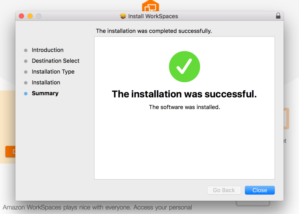 Screenshot of the last step in a standard macOS app installation wizard notifying the user that the installation was successful.