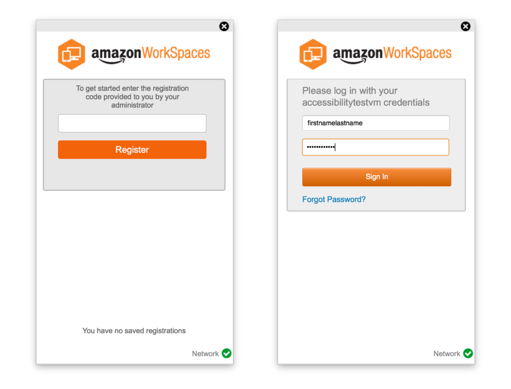 Side by side screenshots of the AWS login window demonstrating how the emailed registration code is used to access the login screen. The login screen is filled out with the 'firstnanmeLastname' username set up in Step 9, and the registration code is used in the password field.