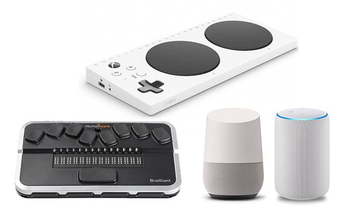 Photo of a gaming controller, braille display, and smart speakers