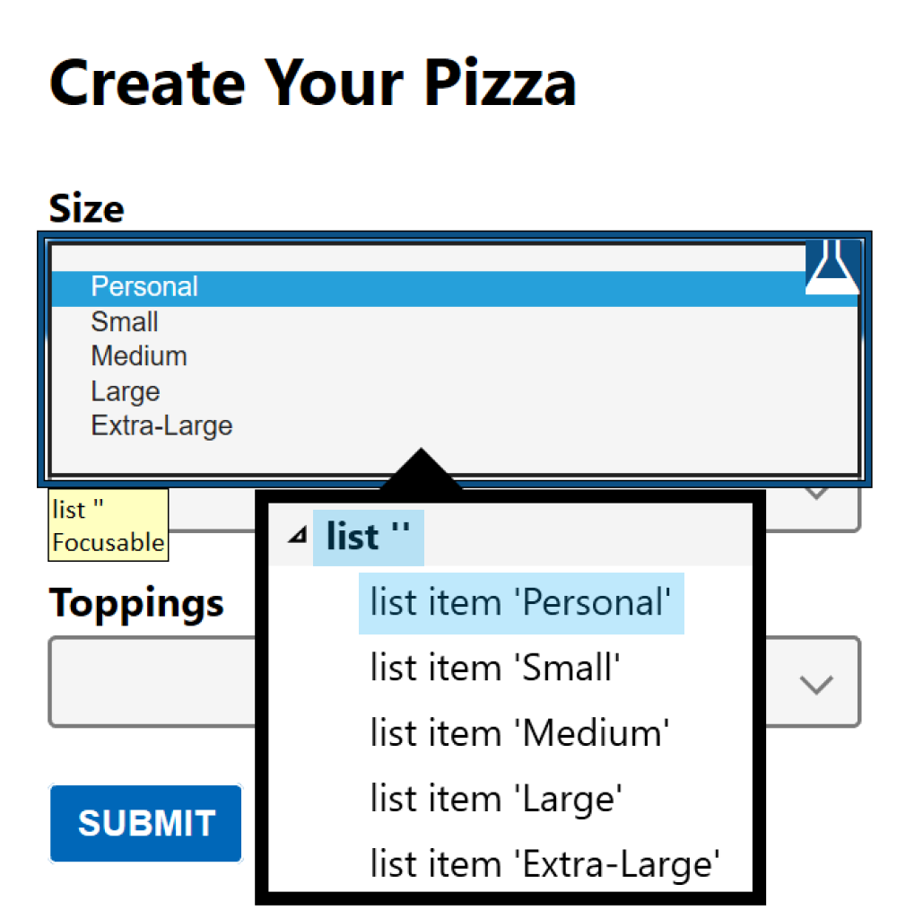 The open options menu of a select element is shown with UIA mappings
