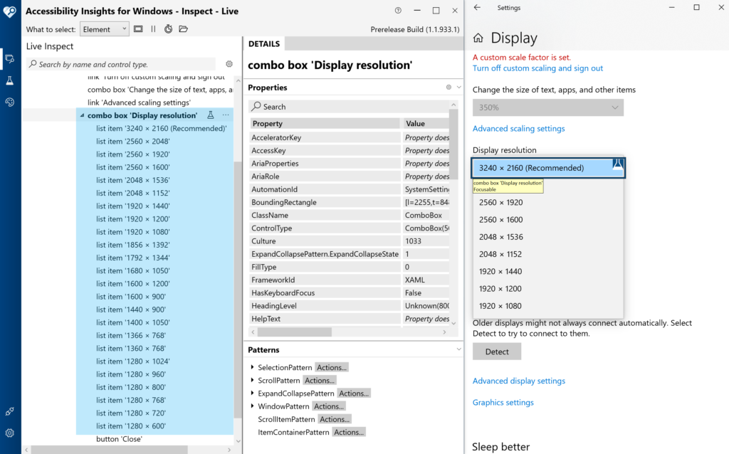 The Windows Settings app side by side with Accesisbility Insights inspecting a combobox